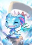 3_toes 4_fingers ambiguous_gender duo eyes_closed fangs feet fingers melee_weapon open_mouth open_smile pink_tongue polearm sharp_teeth smile solo_focus teeth text toes tongue trident weapon justduet league_of_legends riot_games tencent fizz_(lol) fish marine shark yordle digital_media_(artwork) signature