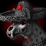 ambiguous_gender anarchy_symbol bone brush clothing communism fangs gradient_background hammer_and_sickle hat headgear headwear paintbrush politics simple_background skull skull_head solo sombrero teeth hyenamexa hyena mammal 1:1 absurd_res digital_media_(artwork) hi_res