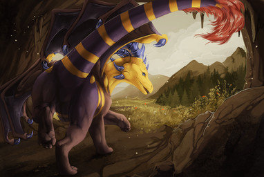 blue_body blue_eyes brown_body detailed_background facial_spikes feral grass horn looking_at_viewer looking_back looking_back_at_viewer male male_feral membrane_(anatomy) membranous_wings mountain open_mouth open_smile outside plant smile solo spikes spikes_(anatomy) striped_body stripes tail teeth wings yellow_body i-psilone mythology nordstrom dragon mythological_creature mythological_scalie scalie 2021 hi_res