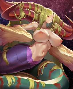 4_horns apode areola big_breasts blonde_hair breasts cosmic_background erect_nipples eyes_closed feathers female green_body green_scales hair horn huge_breasts legless light_body light_skin monster_girl_(genre) multi_horn navel nipples not_furry nude purple_body purple_scales red_horn scales serpentine solo split_form villainous winged_arms wings yellow_body yellow_feathers niur breath_of_fire capcom myria_(breath_of_fire) draconcopode horned_humanoid humanoid hybrid lamia mammal reptile scalie snake digital_media_(artwork)