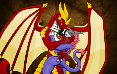anthro armor biped cave green_eyes green_tongue hand_on_butt headgear headgear_only helmet helmet_only holding_neck horn jewelry licking male male/male male_anthro multicolored_body necklace necklace_only nude purple_body red_body red_scales scales spikes spikes_(anatomy) standing tail tail_tuft tongue tongue_out tuft wings yellow_horn kingmana bandai_namco digimon mythology digimon_(species) dragon mythological_creature mythological_scalie scalie strikedramon absurd_res hi_res