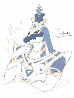 anthro blue_body blue_eyes blue_scales bovid_horn caprine_horn clothing egyptian egyptian_clothing egyptian_headdress gem headgear headwear horn male multicolored_clothing multicolored_headwear plant scales snout text gentleman_paimon egyptian_mythology genshin_impact middle_eastern_mythology mihoyo mythology sobek_(genshin_impact) crocodile crocodilian reptile scalie 2026 3:4 character_name english_text portrait restricted_palette