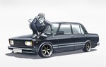 anthro beanie blue_eyes car clothing crouching fingerless_gloves footwear fur gloves handwear hat headgear headwear plantigrade shoes simple_background slav sneakers solo tracksuit vehicle endjfcar lada canid canine fox mammal hi_res