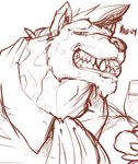 alcohol anthro beverage champagne champagne_glass collared_shirt container cup drinking_glass glass glass_container glass_cup hair looking_at_viewer male sharp_teeth smile smiling_at_viewer solo spots teeth text toothy_grin pandottermon gnoll hyena mammal guide_lines