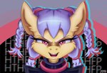 braided_hair cheek_tuft chromatic_aberration clothing eyebrows eyelashes facial_tuft female front_view fur hair looking_at_viewer open_mouth pink_eyes purple_eyebrows purple_hair solo teeth tongue tuft yellow_body yellow_fur hthfp hasbro my_little_pony equid equine horse mammal pony 2019 headshot_portrait hi_res portrait signature