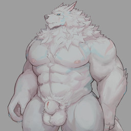 abs animal_genitalia anthro balls blue_eyes closed_sheath_slit fangs fully_sheathed fur genitals male muscular muscular_anthro muscular_male nipples pecs pink_sheath_slit sheath sheath_slit solo teeth white_body white_fur fd-caro tavern_of_spear unnulfr_(tavern_of_spear) canid canine canis mammal wolf 1:1 absurd_res hi_res