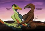 anthro biped breast_squish breasts breasts_frottage claws duo female female/female non-mammal_breasts nude pregnant squish sunset lindwormduality deinocheirus dinosaur ornithomimid prehistoric_species reptile scalie therizinosaurid therizinosaurus theropod absurd_res hi_res