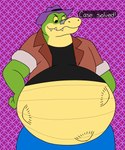 anthro belly big_belly biped black_eyes bottomwear clothing green_body hat headgear headwear male overweight pants shirt solo topwear vore wolfox90210 brok_the_investigator cowcat_games brok_(brok_the_investigator) alligator alligatorid crocodilian reptile scalie 2023 hi_res