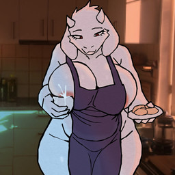 2_horns 4_fingers :3 anthro apron apron_only areola areola_slip bedroom_eyes big_breasts biped bodily_fluids breasts brown_eyes cleavage clothed clothing collarbone dairy_products eyebrows eyelashes facial_tuft female female_anthro fingers flesh_fang food front_view fur holding_object holding_plate horn lactating looking_down mature_anthro mature_female narrowed_eyes pixelated plate seductive slightly_chubby standing thick_thighs tuft voluptuous_anthro voluptuous_female white_body white_fur wide_hipped_anthro wide_hipped_female seabassreels undertale_(series) toriel boss_monster_(undertale) bovid caprine goat mammal 1:1 2026 colored detailed digital_media_(artwork) draw_over hi_res portrait shaded three-quarter_portrait