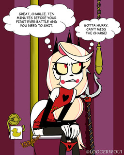 annoyed clothed clothing dialogue feces female implied_pooping implied_scat panties panties_down partially_clothed pooping red_eyes solo speech_bubble text toilet toilet_paper toilet_use underwear underwear_down loogerwoui hazbin_hotel hellaverse charlie_morningstar demon humanoid absurd_res english_text hi_res