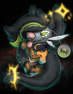 3_toes 4_fingers ambiguous_gender anthro barefoot black_body black_ears black_fur black_hair black_sclera black_tail claws clothed clothed_anthro clothing collar cross-shaped_pupils cutaway destruction ear_halo eyelashes feet finger_claws fingers fur glowing glowing_eyes green_eyes green_highlights green_pupils grey_body grey_fur hair high-angle_view highlights_(coloring) long_tail looking_at_viewer macro orange_clothing orange_shirt orange_topwear pink_nose pink_tongue planet planet_destruction planet_dwarfing pupils shirt solo space space_station tail tail_halo toe_claws toes tongue tongue_out topwear whiskers white_eyelashes tyrnn nintendo pokemon ganger deity dewott generation_5_pokemon mammal mustelid otter pokemon_(species) 2026 hi_res