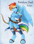 2015 absurd_res ambris anthro anthrofied blue_body blue_feathers blue_fur bow_(weapon) breasts digital_media_(artwork) equid equine feathered_wings feathers female friendship_is_magic fur genitals hair hasbro hi_res holding_melee_weapon holding_object holding_sword holding_weapon mammal melee_weapon multicolored_hair multicolored_tail my_little_pony mythological_creature mythological_equine mythology navel nipples pegasus pink_eyes pussy rainbow_dash_(mlp) rainbow_hair rainbow_tail ranged_weapon shaded smile solo sword tail weapon wings