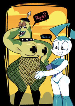 armor big_breasts black_eyes blue_hair breasts clothing collar dialogue duo eyelashes female fishnet_clothing fishnet_legwear front_view genitals green_body hair hand_behind_head headgear heart_symbol helmet legwear machine navel nipple_outline pasties pigtails purple_eyes sharp_teeth slightly_chubby smile speech_bubble studded_collar studs teeth text thick_thighs vulva white_body wide_hips somescrub my_life_as_a_teenage_robot nickelodeon jenny_wakeman letta_(mlaatr) alien alien_humanoid humanoid robot robot_humanoid 2025 english_text hi_res