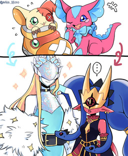 anthro blonde_hair clothing duo ear_piercing ear_ring evolution_(transformation) female footwear hair living_hair mask one_eye_closed piercing pink_body pink_scales plushie pseudo_hair ring_piercing scales shoes snake_hair transformation wink waka_88000 bandai_namco digimon digimon_liberator animate_inanimate cendrillmon digimon_(species) elizamon humanoid living_plushie medusamon reptile scalie shoemon snake hi_res