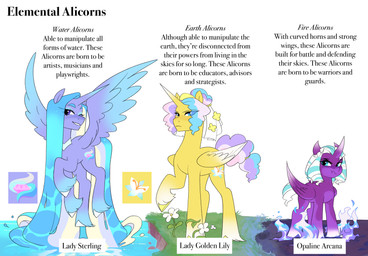 female feral fire flower group hooves horn plant text trio water wings aztrial hasbro mlp_g5 my_little_pony mythology fan_character opaline_(mlp) princess_gold_lily_(mlp) equid equine mammal mythological_creature mythological_equine winged_unicorn absurd_res english_text hi_res