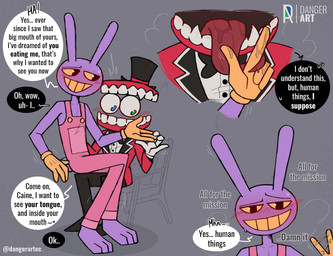 blush bodily_fluids dialogue duo imminent_vore male male/male on_lap saliva saliva_on_tongue saliva_string sitting_on_another sitting_on_lap speech_bubble sweat sweatdrop text tongue tongue_out vore_request dangerartec glitch_productions the_amazing_digital_circus caine_(tadc) jax_(tadc) humanoid lagomorph leporid mammal mouth_creature rabbit english_text hi_res