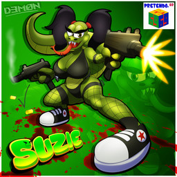 anthro big_breasts blood bodily_fluids bouncing_breasts bra breasts clothing eyelashes female fishnet_clothing forked_tongue green_body gun open_mouth panties ranged_weapon shooting smile solo thick_thighs tongue tongue_out underwear weapon d3m0nnsfw suzie_(undakuva) reptile scalie snake 1:1 absurd_res hi_res