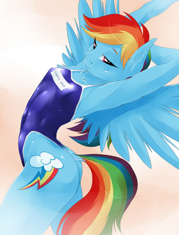 anthro athletic blue_body blue_feathers breasts butt clothed clothing cutie_mark dock_(anatomy) eyebrows eyelashes feathered_wings feathers female flat_chested flexible hair half-closed_eyes hand_behind_head looking_at_viewer multicolored_hair multicolored_tail narrowed_eyes one-piece_swimsuit pose purple_eyes rainbow_hair rainbow_tail simple_background small_breasts small_waist soft_abs solo sport_swimsuit standing stretching swimwear tail tan_background text thick_thighs thong underwear wings doomghost friendship_is_magic hasbro my_little_pony mythology rainbow_dash_(mlp) equid equine mammal mythological_creature mythological_equine pegasus 2015 english_text portrait three-quarter_portrait