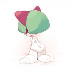 1:1 2016 anthro biped blush clothing cotora diaper generation_3_pokemon hand_on_diaper kneeling looking_back nintendo open_mouth pokemon pokemon_(species) ralts red_eyes simple_background solo touching_diaper white_background white_body white_skin