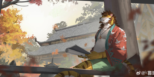 anthro beard blue_bottomwear blue_clothing blue_shorts bottomwear brown_hair building clothed clothing detailed_background eyes_closed facial_hair fur hair holding_object holding_paper jewelry male markings mouth_closed necklace open_clothing open_topwear outside overweight overweight_anthro overweight_male paper plant red_clothing red_topwear short_hair shorts sitting solo striped_arms striped_legs striped_markings striped_tail stripes tail tail_markings topwear tree white_body white_fur yellow_body yellow_fur awaldkize felid mammal pantherine tiger 2024 absurd_res dated hi_res signature