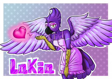 anthro beak black_beak blowing_kiss blue_stripes breasts clothing cybernetic_arm cybernetic_limb dress dress_only eyeshadow feathered_wings feathers female gold_(metal) gradient_background heart_symbol hunched_over looking_at_viewer makeup medium_breasts name_tag non-mammal_breasts orange_eyes outline pink_clothing pink_eyelids pink_eyeshadow prosthetic prosthetic_arm prosthetic_limb purple_body purple_feathers simple_background solo stripes white_outline wings cozmicallylost lakia_(cheriathelillilox) avian bird corvid magpie_(corvid) oscine passerine 2022 digital_media_(artwork)