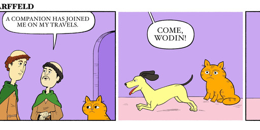 border cloak clothed clothing dialogue door facial_hair feral group hair humor male medieval monk mustache parody purple_background robe simple_background standing text thought_bubble tonsure white_border dsamowen garfield_(series) garfield_the_cat jon_arbuckle lyman_(garfield) odie_the_dog canid canine canis domestic_cat domestic_dog felid feline felis human mammal tabby_cat 2026 absurd_res comic english_text hi_res multiple_scenes url