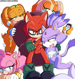 anthro balls blush bodily_fluids breasts cum cum_in_mouth cum_inside erection eyewear female genital_fluids genitals glasses group harem male male/female narrow_hips penis red_balls red_penis simple_background thin_calves thin_legs thin_thighs vulva white_background wide_hips senshion sega sonic_adventure sonic_forces sonic_the_fighters sonic_the_hedgehog_(series) amy_rose blaze_the_cat cream_the_rabbit custom_character_(sonic_forces) gadget_the_wolf honey_the_cat tikal_the_echidna canid canine canis domestic_cat echidna eulipotyphlan felid feline felis hedgehog lagomorph mammal monotreme wolf absurd_res hi_res