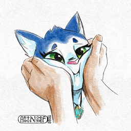 anthro duo eyelashes female green_eyes hand_on_face holding_cheek holding_cheeks holding_face jewelry necklace offscreen_character petting simple_background squeezing artoonooref gerovort dinosaur_planet rareware krystal_(dinosaur_planet) canid canine fox human mammal 1:1 2026 headshot_portrait portrait signature