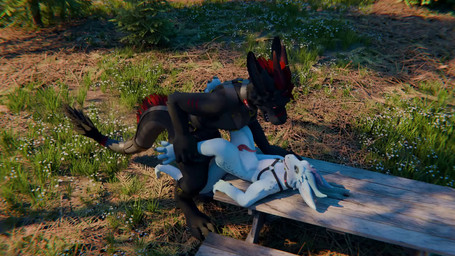 anthro balls bodily_fluids cum cum_in_ass cum_inside cumshot day duo ejaculation forest from_front_position fur furniture genital_fluids genitals harness knotting looking_at_another lying male male/male on_back on_table outside penis plant table tapering_penis tree biohazardouswolf mythology bio_(biohazardouswolf) skipsy_dragon_(character) dragon furred_dragon furred_scalie moonfang mythological_creature mythological_scalie scalie 16:9 3d_(artwork) 3d_animation animated digital_media_(artwork) hi_res no_sound short_playtime video widescreen