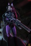 anthro armor black_hair clothing female fullbody_suit fur glowing glowing_eyes glowing_markings grey_body grey_fur gun hair holding_object holding_weapon inside_vehicle looking_at_viewer markings purple_body purple_clothing purple_fur ranged_weapon rifle solo weapon tsarinart vixsyn canid canine fox hybrid mammal undead hi_res