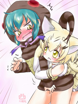 4_eyes amber_eyes blonde_hair blue_hair blush breasts clothed clothing dress duo eyebrow_through_hair eyebrows fangs female female/female flesh_fang gloves grabbing_from_behind hair handwear hitting_head holding_arm hoodie hug hugging_another hugging_from_behind human_ears living_tail markings motion_lines multi_eye multicolored_clothing multicolored_gloves multicolored_hair multicolored_handwear multicolored_hoodie multicolored_ribbon neck_ribbon nipple_outline open_mouth pantsless pattern_clothing pattern_hoodie pattern_topwear pink_bow pink_ribbon pockets red_eyes shaking simple_background sleveless_shirt snake_hood snake_tail striped_clothing striped_hoodie striped_markings striped_tail striped_topwear stripes surprise surprised_expression tail tail_markings tail_motion teeth thick_tail topwear translucent translucent_hair unusual_anatomy unusual_clothing unusual_tail yellow_clothing yellow_dress yellow_eyes yellow_gloves yellow_handwear yellow_ribbon young young_female young_humanoid uho440 asian_mythology east_asian_mythology japanese_mythology kemono_friends mythology sand_cat_(kemono_friends) tsuchinoko_(kemono_friends) animal_humanoid cryptid felid felid_humanoid feline feline_humanoid felis humanoid mammal mammal_humanoid mythological_creature mythological_scalie reptile reptile_humanoid sand_cat sand_cat_humanoid scalie scalie_humanoid snake snake_humanoid tsuchinoko yokai 2017 digital_media_(artwork) hi_res
