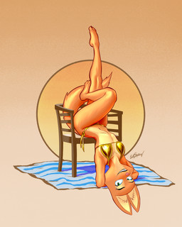 anthro barbell_piercing bikini breasts chair clothing eyebrow_piercing eyebrows eyelashes facial_piercing facial_tuft feet female fur furniture gold_bikini green_eyes hands_behind_back hands_behind_head inner_ear_fluff long_eyelashes medium_breasts orange_body orange_fur piercing side-tie_bikini smile solo string_bikini swimwear tan_body tan_fur tuft two-piece_swimsuit upside_down sum5hadow dreamworks golden_week the_bad_guys diane_foxington canid canine fox mammal 2026 4:5 absurd_res hi_res
