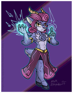 anthro border bottomwear clothed clothing electricity electricity_manipulation elemental_manipulation featureless_chest female fingers flat_chested fur hair hooved_fingers hooves horn loincloth looking_at_viewer pink_hair pose purple_body shorts simple_background solo tail tuft white_border yellow_eyes blayaden rivals_of_aether absa bovid caprine goat mammal 2025 digital_media_(artwork) hi_res signature