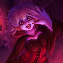 alternative_fashion breasts clothed clothing dress fangs female goth greeting greeting_viewer hair happy humanoid_hands humanoid_pointy_ears jewelry lipstick long_hair looking_at_viewer makeup medium_breasts neckline pink_body pointy_ears solo teeth payasa_espacial humanoid vampire 1:1