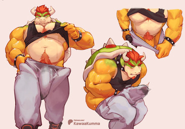 2_horns anthro barazoku big_muscles big_pecs big_penis body_hair bottomwear bracelet bulge chest_hair clothing detailed_bulge erection eyebrows front_view genital_outline genitals hair happy_trail horn humanoid_genitalia humanoid_penis jewelry male musclegut muscular muscular_anthro muscular_male pants pecs penis penis_outline precum_through_pants pubes red_hair scales solo spiked_bracelet spikes sweatpants text thick_eyebrows throbbing throbbing_penis yellow_body yellow_scales kawaakumma mario_bros nintendo bowser dragon_koopa koopa reptile scalie hi_res url