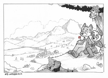 anthro bottomless cheek_tuft cheese closed_smile clothed clothing cloud dairy_products duo facial_tuft food grass head_tuft holding_object holding_plate logo male mouth_closed nude pawpads plant plate rock sitting smile tree tuft young young_anthro young_male pandapaco parinton bear canid canine giant_panda mammal 2019 artist_logo dated signature spot_color traditional_media_(artwork)
