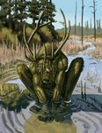 anthro antlers crouching horn looking_at_viewer looking_up male outside plant seaweed sitting_in_water solo momamo celtic_mythology european_mythology mythology mo_(momamo) cervine deer elk kelpie mammal mythological_creature mythological_equine absurd_res hi_res