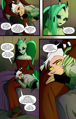 anthro bed bottomwear breasts clothed clothed_anthro clothed_female clothed_humanoid clothed_male clothing comforting cowboy_hat dialogue dress duo female fingerless_gloves footwear furniture gloves hair handwear hat head_on_lap headgear headwear high_heels horn jacket lying lying_on_bed male male/female on_bed on_lap on_side pants petting sad shoes sitting sitting_on_bed speech_bubble tan_body tan_skin text topwear white_hair yellow_eyes swain_(artist) hellaverse helluva_boss glam_(helluva_boss) striker_(helluva_boss) aquatic demon fish humanoid hybrid imp mammal comic english_text hi_res