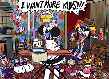 angry anthro apron blush bodily_fluids building canon_couple clothing crawling crying demanding dialogue door female fire group hair hat headgear headwear house husband_and_wife insane inside iron jester kitchen male married_couple match neonate running scared smile smirk suitcase tears text young killb94_(artist) cartoon_network courage_the_cowardly_dog glitch_productions the_amazing_digital_circus the_amazing_world_of_gumball evil_pomni_(tadc) jax_(tadc) humanoid lagomorph leporid mammal rabbit 2025 digital_media_(artwork) father_(lore) father_and_child_(lore) mother_(lore) mother_and_child_(lore) parent_(lore) parent_and_child_(lore) sibling_(lore)