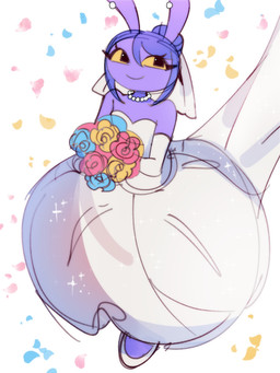 anthro big_ears bouquet clothing dress ear_piercing ear_stud female footwear gem gloves hair hair_bun handwear jewelry necklace pearl_(gem) pearl_necklace piercing purple_hair shoes smile smiling_at_viewer solo tied_hair wedding_dress wedding_veil white_clothing white_dress white_footwear white_gloves white_handwear white_shoes lyssahh glitch_productions the_amazing_digital_circus gooseworx's_post-transition_jax_design jax_(tadc) lagomorph leporid mammal rabbit 2026 3:4 absurd_res digital_drawing_(artwork) digital_media_(artwork) english_description hi_res trans_(lore) trans_woman_(lore)