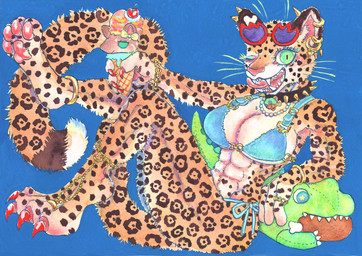 abs anthro bikini breasts claws clothing collar ear_piercing ear_ring eyewear female green_eyes jewelry piercing ring_piercing solo spiked_collar spikes spots sunglasses swimwear two-piece_swimsuit kyokyota felid leopard mammal pantherine 2024 absurd_res hi_res