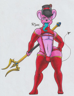 anthro armwear black_hair blue_tongue bondage_gear bulge clothing elbow_gloves gem gloves gold_(metal) hair handwear hat headgear headwear horn legwear long_tongue male melee_weapon pink_body polearm red_leather sapphire_(gem) smile smirk solo stockings tail thin_tail tongue top_hat trident weapon remaninglife kreme_d._kookie demon mammal mouse murid murine rodent hi_res traditional_media_(artwork)