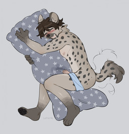 anthro black_nose black_pawpads blissful_mouth blush blush_lines bodily_fluids brown_body brown_fur brown_hair butt clothed clothing dripping eyes_closed foreskin fur genital_fluids genitals grey_background grinding hair hug hugging_object hugging_pillow humanoid_genitalia humanoid_penis inner_ear_fluff male markings masturbation multicolored_body multicolored_fur nipples open_mouth partially_clothed partially_retracted_foreskin pawpads penis pillow pillow_humping pink_nipples precum precum_drip simple_background solo spots spotted_body spotted_fur star_polygon star_print tail tail_motion tailwag tan_body tan_fur text tuft two_tone_body two_tone_fur underwear underwear_down catzino hyena mammal spotted_hyena 2026 artist_name digital_drawing_(artwork) digital_media_(artwork) hi_res