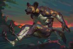 amber_eyes anthro biceps biped black_nose black_pawpads claws digitigrade fangs feet finger_claws fur hindpaw jumping male motion_blur multicolored_body multicolored_fur muscular muscular_male nipples nude pawpads paws pecs running solo tail teeth toe_claws taran_fiddler weretober african_wild_dog canid canine mammal 2024 3:2 hi_res signature