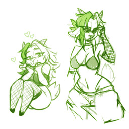 anthro armwear biped bottomwear bra breasts cleavage clothed clothing ear_piercing eyebrows eyelashes eyewear facial_piercing female fishnet_armwear fishnet_clothing fishnet_legwear heart_symbol horn legwear looking_at_viewer low-riding navel nose_piercing nose_ring open_mouth oversized_bottomwear oversized_clothing oversized_pants pants piercing ring_piercing sagging_pants scut_tail septum_piercing septum_ring short_tail simple_background sitting solo standing sunglasses tail thong_straps underwear white_background spider_bones bridgette_(spider_bones) bovid caprine goat mammal 1:1 2025 digital_media_(artwork) green_and_white hi_res monochrome multiple_images sketch