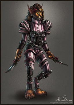 anthro armor biped claws clothed clothing dagger ear_piercing female flower fur hair jewelry long_hair looking_at_viewer melee_weapon piercing plant simple_background solo standing teeth toe_claws weapon megillakitty blizzard_entertainment warcraft canid mammal werecanid werecreature worgen