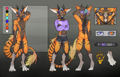 anthro barefoot crossed_arms ears_up feet fur hair horn looking_at_viewer male navel open_mouth solo tail 000atanerriaper000 mammal 2022 model_sheet