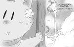 anthro bodily_fluids dialogue open_door shower solo sweat sweatdrop text waterfall lilmoonie hoshi_(lilmoonie) canid canine fox mammal 2021 comic english_text greyscale monochrome