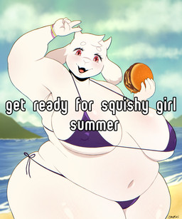 5_fingers anthro beach belly big_breasts bikini bikini_bottom bikini_top bracelet breasts burger circle_eyebrows clothing day detailed_background eyebrows eyelashes female female_anthro fingers food fur gesture hand_gesture head_horn holding_food holding_object horn huge_hips huge_thighs jewelry navel nipple_outline obese obese_anthro obese_female open_mouth open_smile outside overweight overweight_anthro overweight_female purple_bikini purple_clothing purple_swimwear raised_arm red_eyes sand sea seaside shoreline smile solo swimwear text thick_thighs tight_clothing two-piece_swimsuit v_sign water white_body white_ears white_fur white_horn wide_hipped_female wide_hips jaypixi fat_girl_fall undertale_(series) toriel bovid caprine goat mammal 2025 5:6 absurd_res hi_res portrait three-quarter_portrait