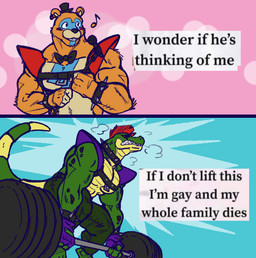 anthro barbell barefoot biceps big_muscles blue_background blush bottomwear bow_tie bracelet clenched_teeth clothed clothing deadlift duo ear_piercing ear_ring electronics exercise eyes_closed facial_markings feet fingerless_gloves fur gloves hair handwear harness hat head_markings headgear headwear humor jewelry male markings microphone mohawk muscular muscular_anthro muscular_male musical_note musical_symbol pants pecs piercing pink_background ring_piercing shoulder_pads simple_background smile spiked_bracelet spikes standing symbol teeth text top_hat topless topless_anthro topless_male triceps tuft weightlifting workout nomorebiscuit five_nights_at_freddy's five_nights_at_freddy's:_security_breach scottgames steel_wool_studios glamrock_freddy montgomery_gator alligator alligatorid bear crocodilian mammal reptile scalie 2023 digital_media_(artwork) english_text meme